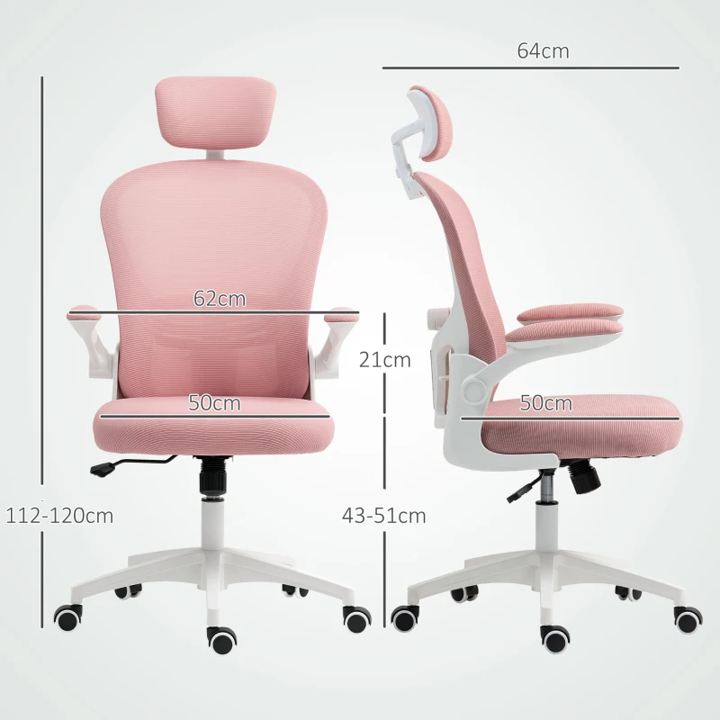 Vinsetto Multi-Adjustable Office Chair, with Lumbar Support, Headrest and Mesh Back - Pink