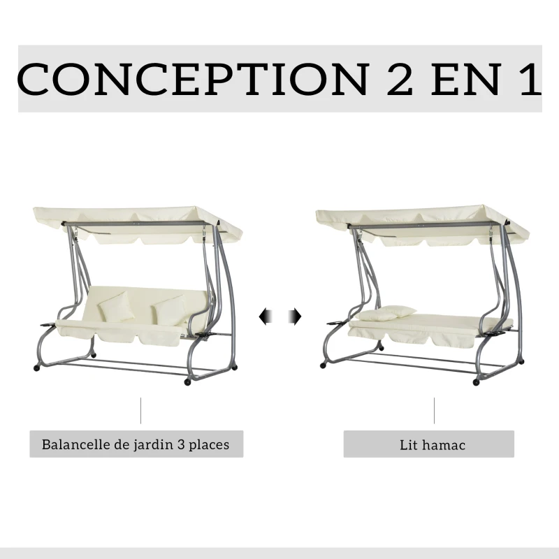 Outsunny Balancelle de jardin 3 places convertible toit inclinaison réglable 2 x 1,2 x 1,64 m acier polyester beige
