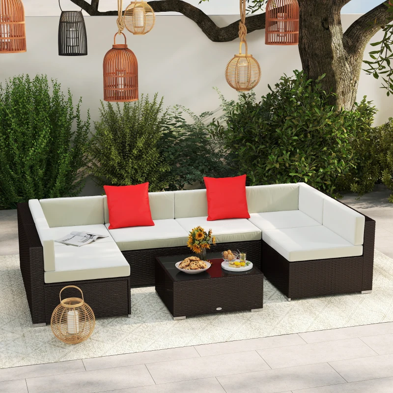 Outsunny Salotto da Giardino in Rattan da 7 Pezzi con Tavolino e Divano Modulabile con Cuscini, Crema