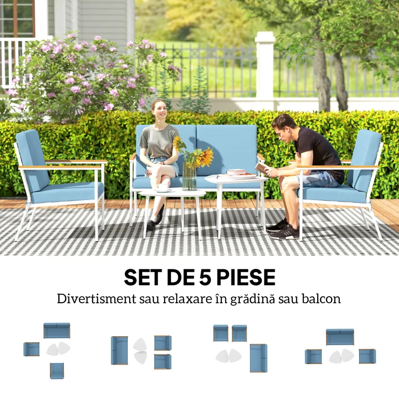 Outsunny Set de Mobilier de Grădină din 5 Piese cu Canapea, 2 Fotoli și 2 Măsuțe de Cafea, 118x72x80 cm, Albastru Deschis