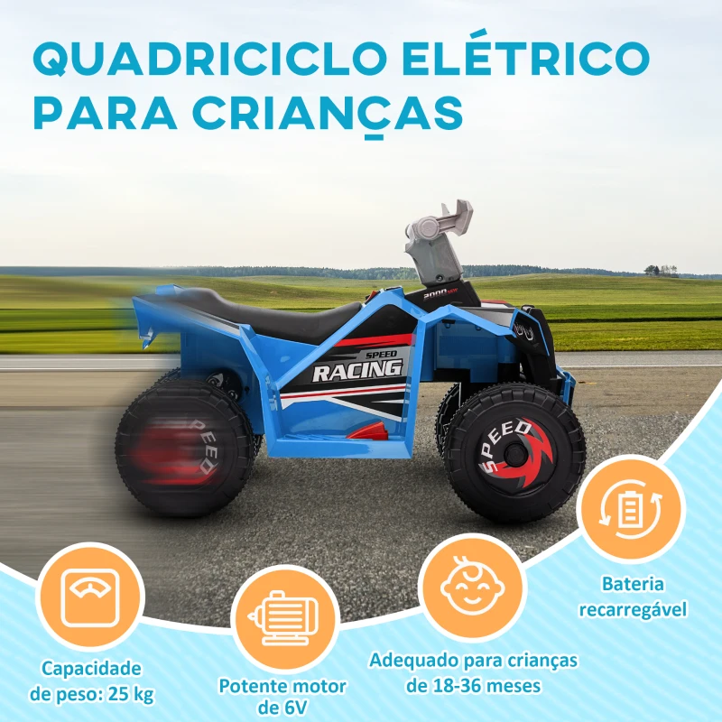 HOMCOM Quadriciclo Elétrico para Crianças Veículo Elétrico a Bateria de 6V com Velocidade de 2,5 km/h 70x41,5x48,5 cm Azul
