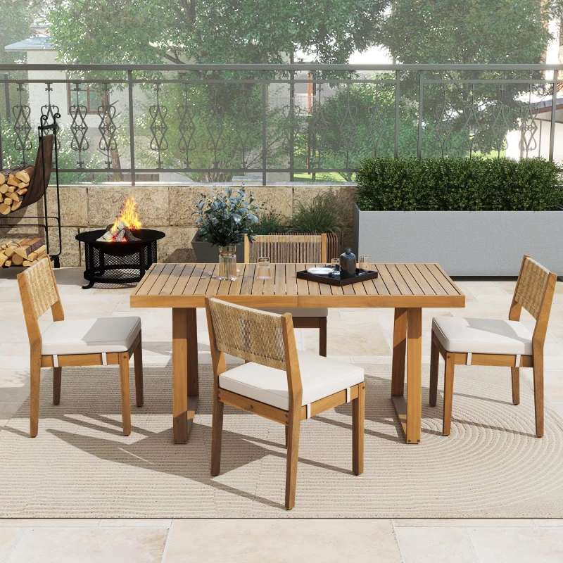 Set da pranzo a 5 pezzi con tavolo in legno, schienale in rattan, piedini, per terrazza, giardino, Bianco e Colore naturale