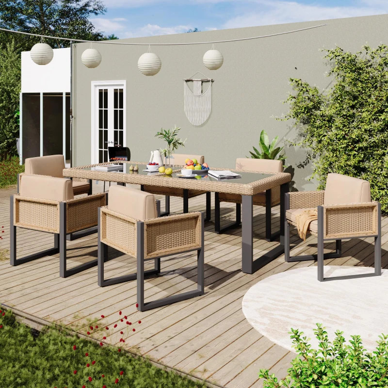 Rattan-Tisch- und Stuhlset, 1 Tisch, 6 Stühle, Tischplatte aus gehärtetem Glas, Braun+Schwarz