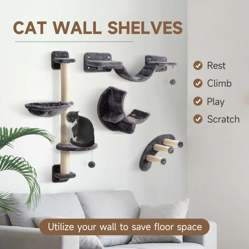 PawHut Four-Piece Cat Wall Furniture, with Hammock, Ladder, Platforms, Steps, for Indoor Use - Dark Grey