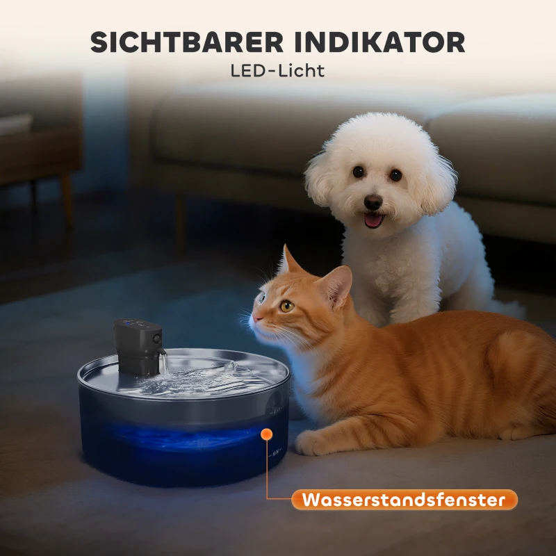 PawHut Katzenbrunnen 7L Trinkbrunnen für Katzen mit leiser Pumpe LED Aktivkohlefilter Edelstahl 30,6 x 30,6 x 17,2 cm