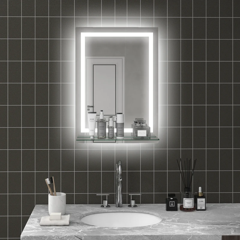 kleankin Espelho para Casa de Banho 50x70 cm com Moldura de Alumínio, Luzes LED Interruptor Tátil e Prateleira de Vidro para Casa de Banho Prata