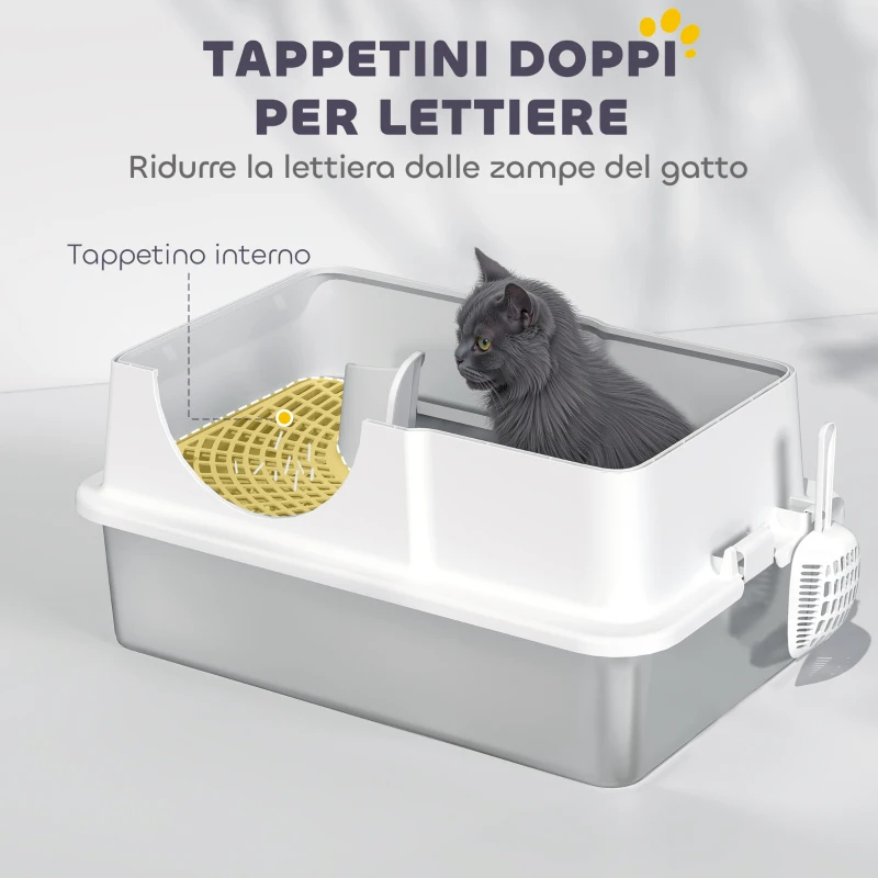 PawHut Lettiera per Gatti Chiusa con Tappetino Raccogli-sabbia, in Acciaio Inox, ABS e PP, 60.5x40.5x42 cm, Bianca e Argento