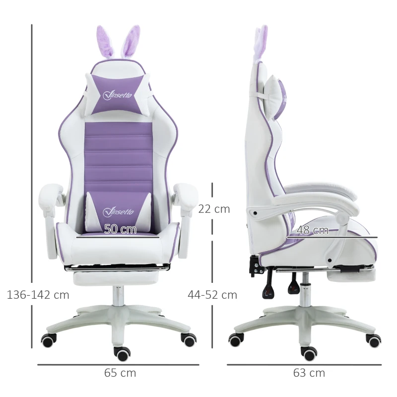 Vinsetto Ergonomische Gaming Stoel met Lendensteun, Voetensteun, Konijnenoren en Hoofdkussen - Paars(m-3)