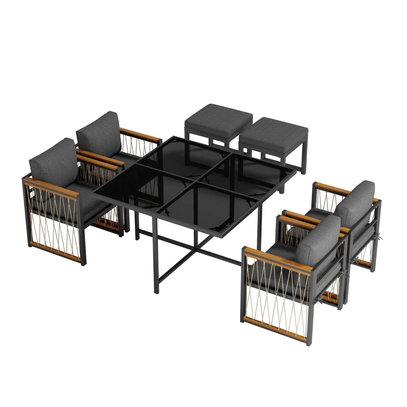 Ensemble de salle à manger extérieur 7 pièces avec plateau en verre trempé, accoudoirs, coussins, pour 6 personnes, Noir+Naturel