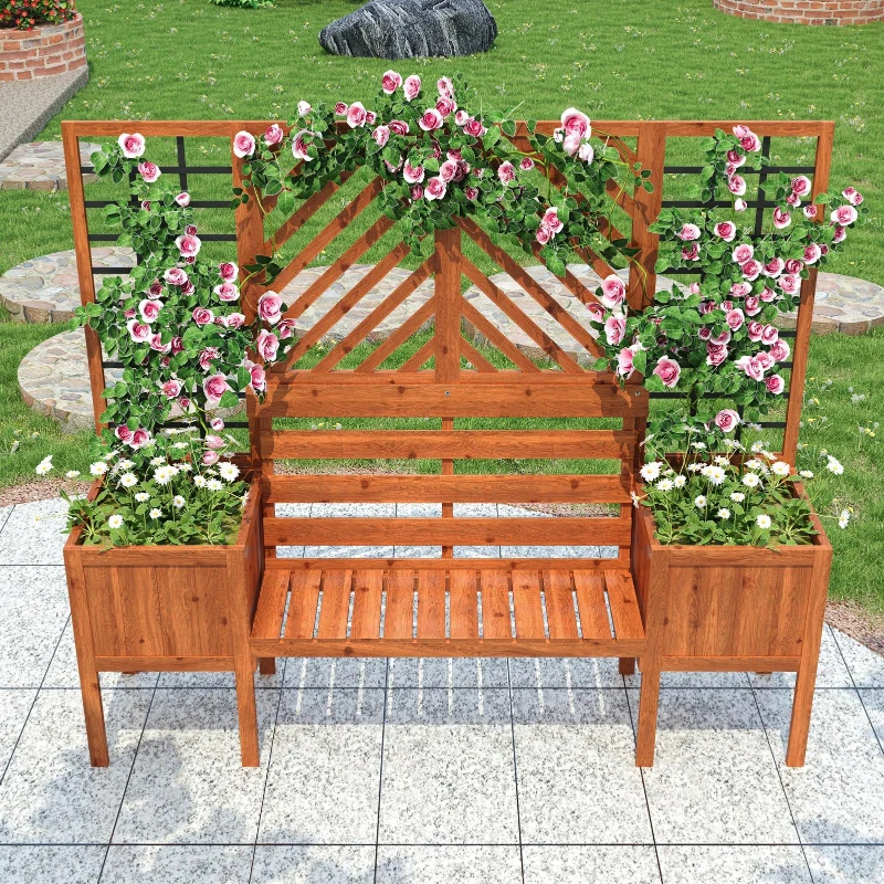 Fioriera con grigliato e seduta per giardino, cortile, terrazza, per piante rampicanti, 170x42x145 cm, Marrone