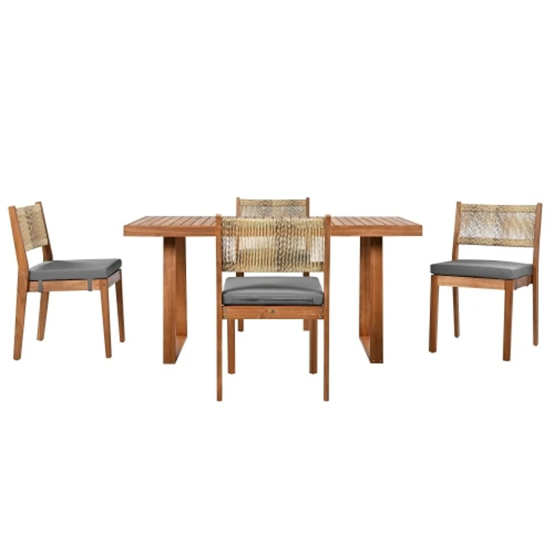 Ensemble de salle à manger 5 pièces avec table en bois, dossier en rotin, coussinets de pieds pour terrasse, jardin, Gris + Couleur naturelle