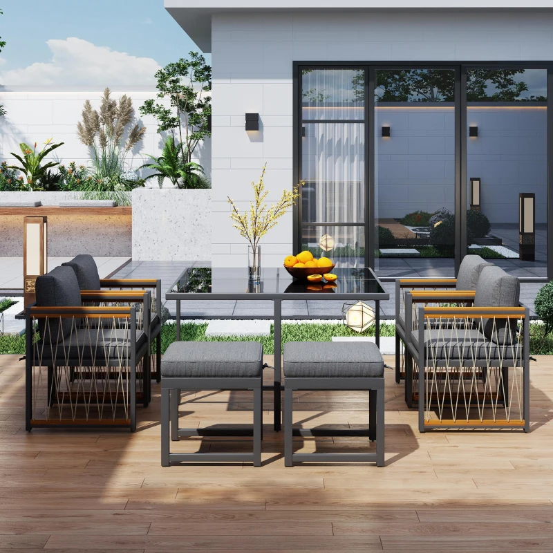 Ensemble de salle à manger extérieur 7 pièces avec plateau en verre trempé, accoudoirs, coussins, pour 6 personnes, Noir+Naturel