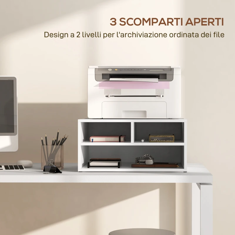 HOMCOM Mobile Porta Stampante da Ufficio con 3 Ripiani Aperti a 2 Livelli, 47x40x22.5 cm, Bianco