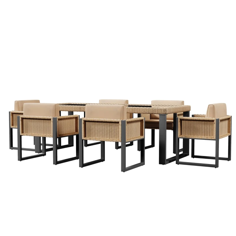 Rattan-Tisch- und Stuhlset, 1 Tisch, 6 Stühle, Tischplatte aus gehärtetem Glas, Braun+Schwarz