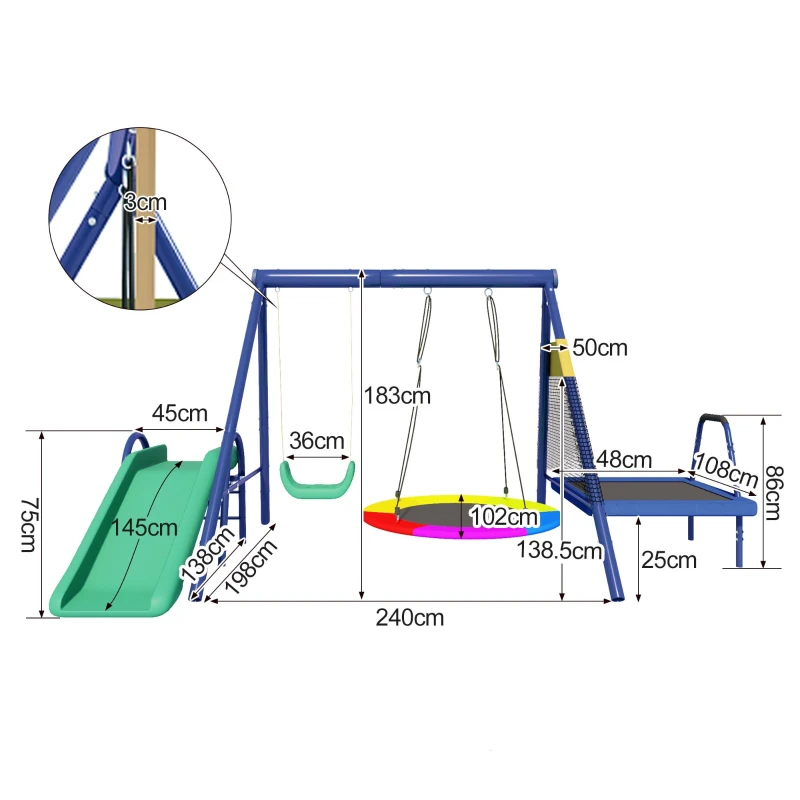 Ensemble de balançoire multifonctionnel pour l'extérieur avec toboggan, trampoline, balançoire nid ronde et balançoire en plastique, Bleu antique