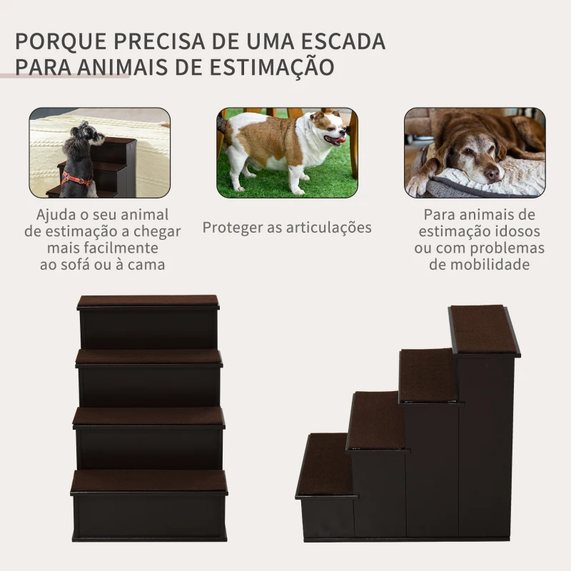 PawHut Escada para Animais de Estimação de 4 Degraus Escada para Cães e Gatos com Tapetes Antideslizantes Removíveis 40x59x54,2 cm Marrom Escuro