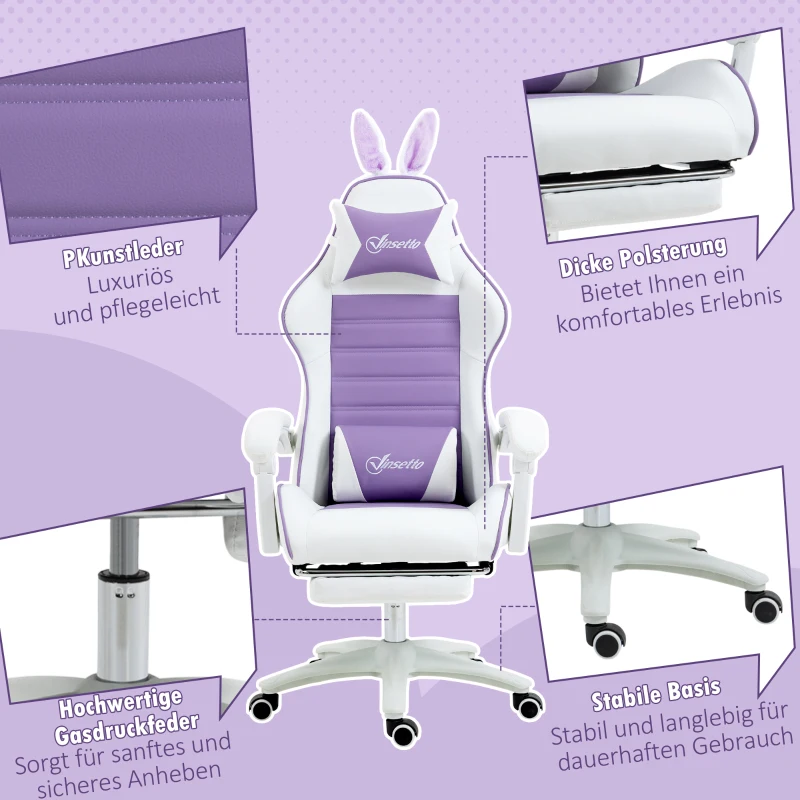 Vinsetto Ergonomische Gaming Stoel met Lendensteun, Voetensteun, Konijnenoren en Hoofdkussen - Paars(m-8)