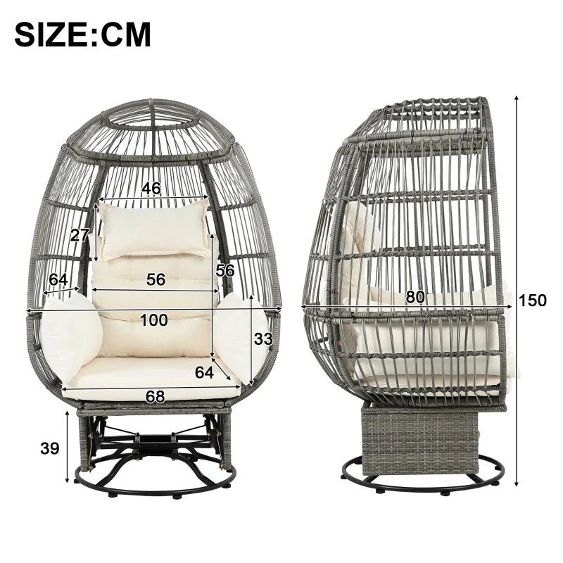 Fauteuil suspendu en rotin pivotant à 360°, avec coussin amovible, 100x80x150 cm, Naturel+Blanc