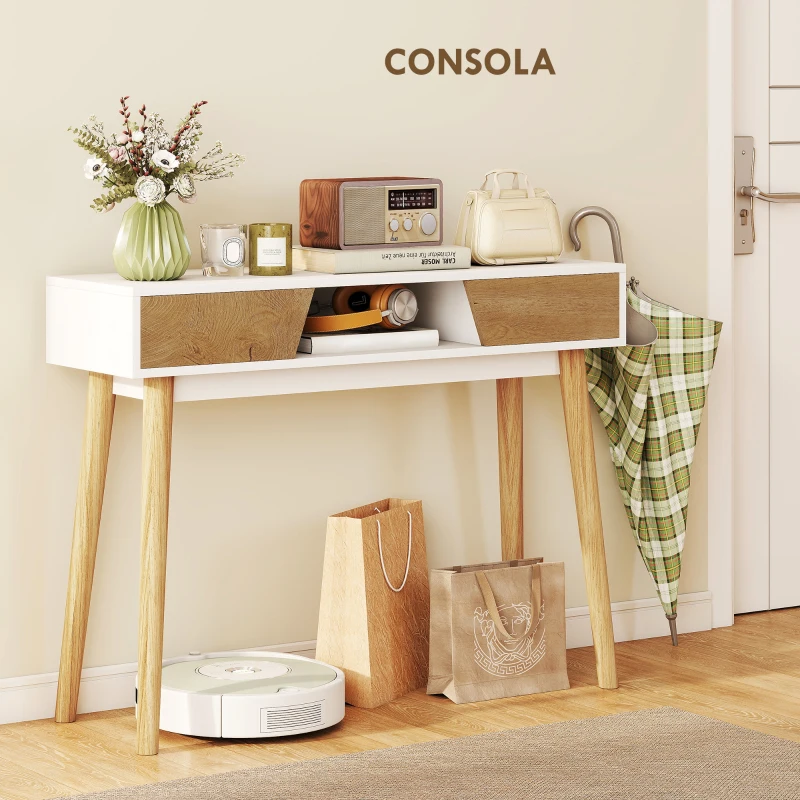 HOMCOM Mesa de Consola Estreita Consola de Entrada Moderna com 2 Gavetas Compartimento e Pés de Madeira 100x30x75 cm Branco