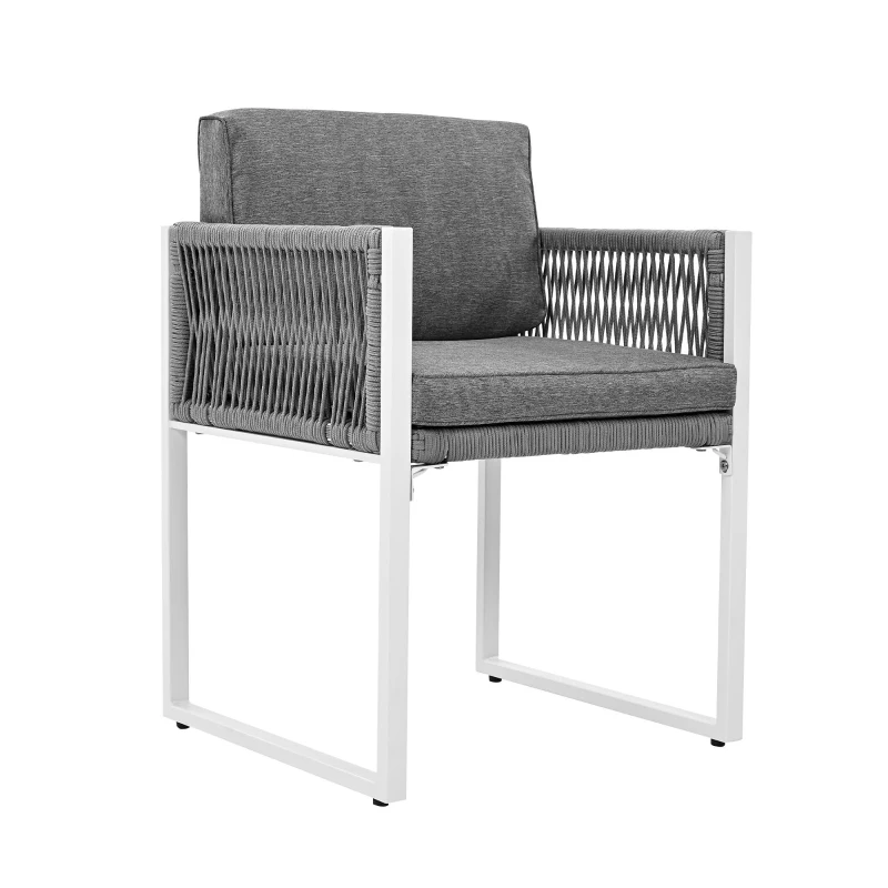 Ensemble table et chaises en rotin, avec 1 table et 6 chaises, plateau en verre trempé, Gris+Blanc