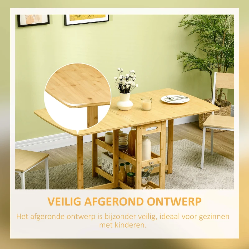 HOMCOM eettafel klaptafel met opbergvakken eetkamertafel keukentafel naturel hout(m-5)