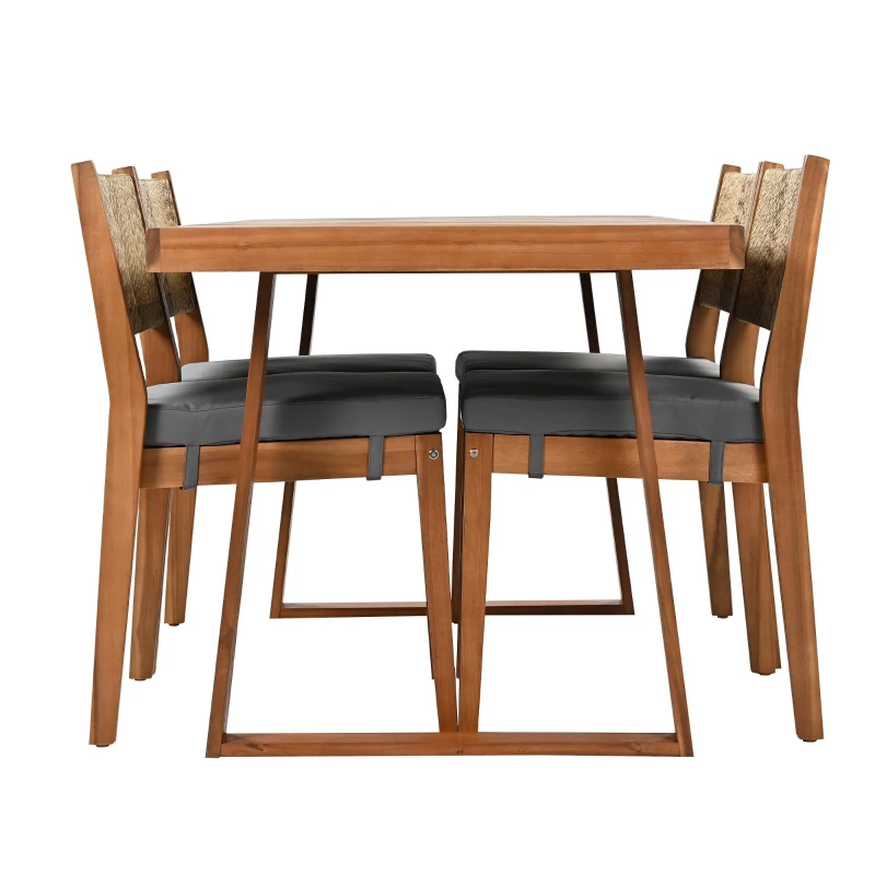 Ensemble de salle à manger 5 pièces avec table en bois, dossier en rotin, coussinets de pieds pour terrasse, jardin, Gris + Couleur naturelle