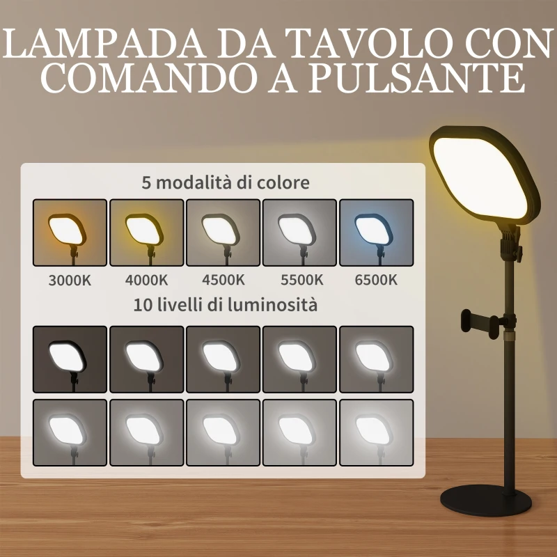 HOMCOM Lampada da Scrivania LED con Supporto per Telefono, 5 Colori di Luce e 10 Luminosità, Nero
