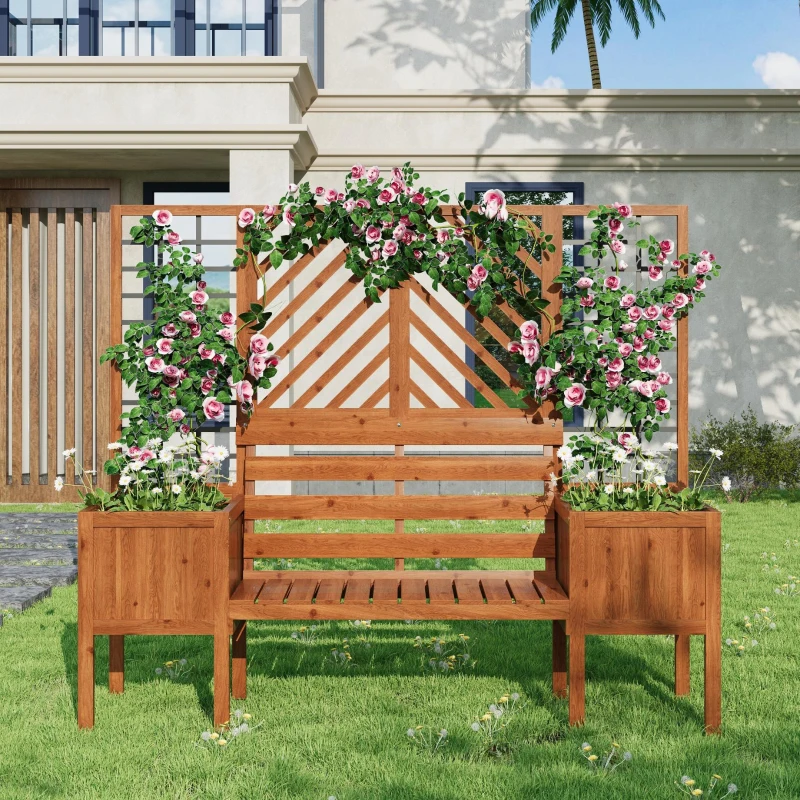 Fioriera con grigliato e seduta per giardino, cortile, terrazza, per piante rampicanti, 170x42x145 cm, Marrone