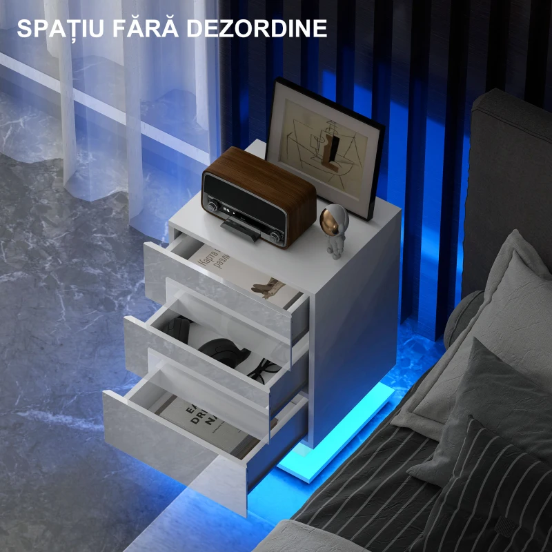 Homcom Noptiera cu LED RGB – 3 Sertare & Telecomanda, 40×35×60 cm