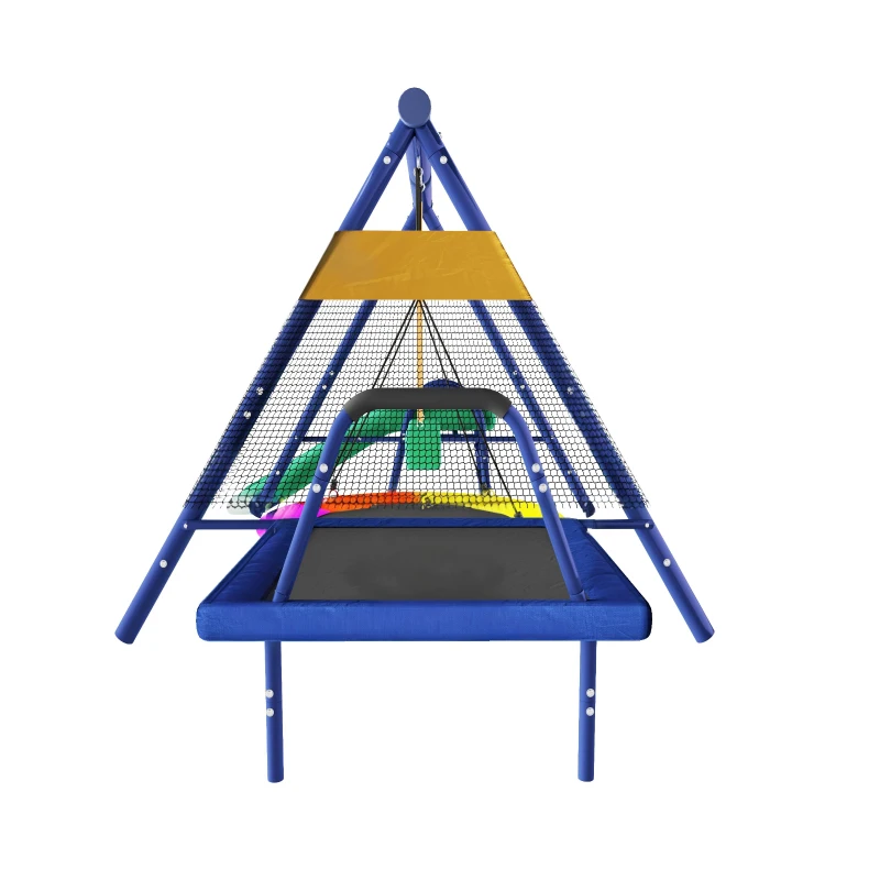 Ensemble de balançoire multifonctionnel pour l'extérieur avec toboggan, trampoline, balançoire nid ronde et balançoire en plastique, Bleu antique