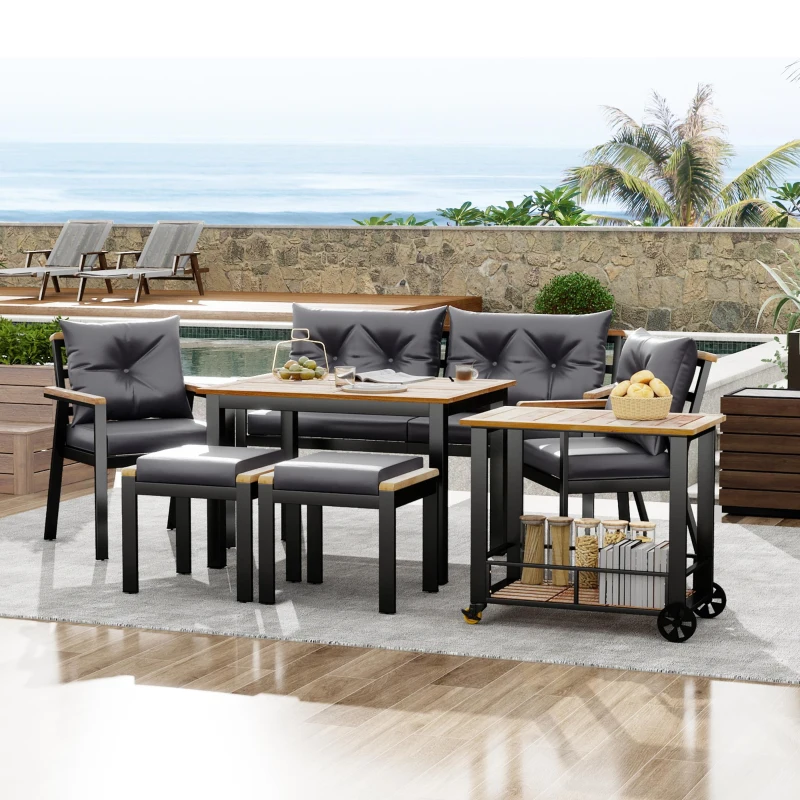 Ensemble de table et chaises d'extérieur, avec 2 chaises, 2 tabourets, 1 canapé deux places, 1 table et 1 chariot de service polyvalent, Noir+Gris