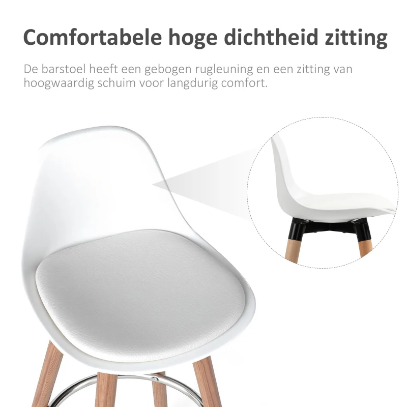 HOMCOM Set van 2 Barkrukken in Scandinavisch Design, Met Voetensteun, 38,5 cm x 42,5 cm x 91 cm, Natuurlijk Hout + Wit