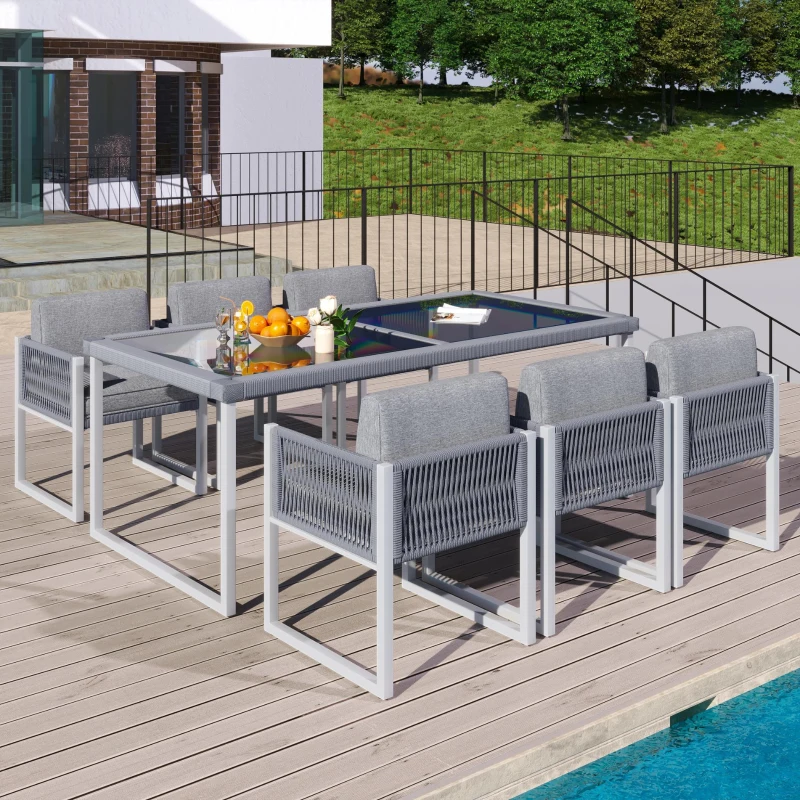 Ensemble table et chaises en rotin, avec 1 table et 6 chaises, plateau en verre trempé, Gris+Blanc