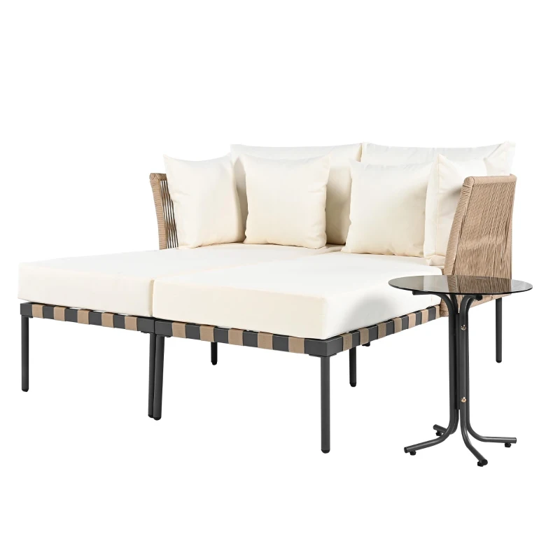 Canapé de jardin, Fauteuil de jardin amovible et modulaire, Table basse en verre trempé, Blanc+Marron