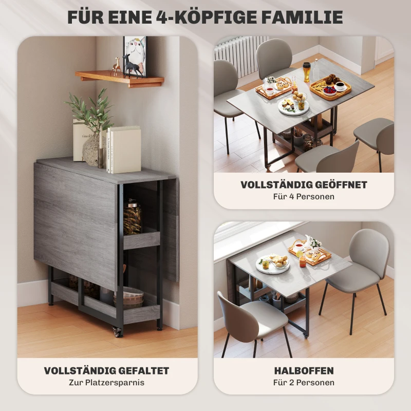 HOMCOM Klappbarer Esstisch im Industriedesign, für bis zu 4 Personen, offene Regale, flexibel, Metall, Spanplatte, Grau