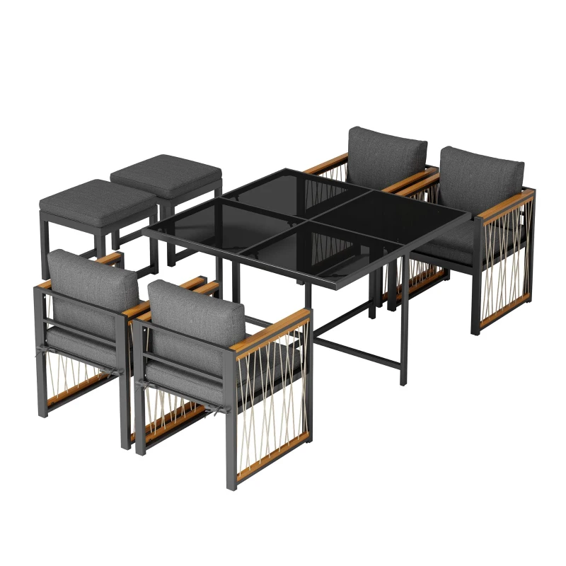 Ensemble de salle à manger extérieur 7 pièces avec plateau en verre trempé, accoudoirs, coussins, pour 6 personnes, Noir+Naturel