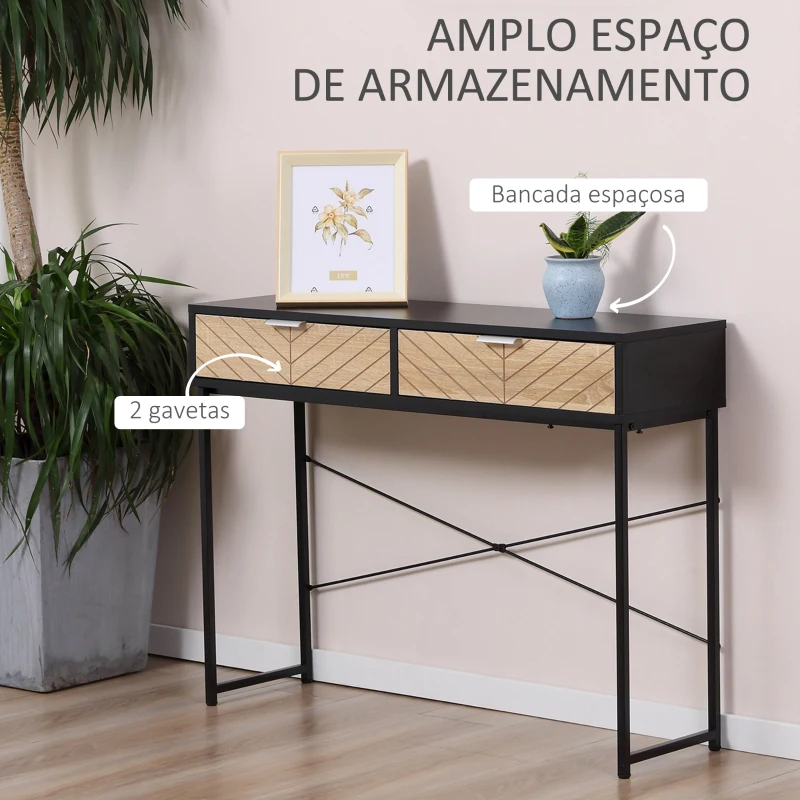 HOMCOM Mesa Consola 100x30x75 cm Mesa de Entrada Moderna com 2 Gavetas de Armazenamento Preto e Madeira