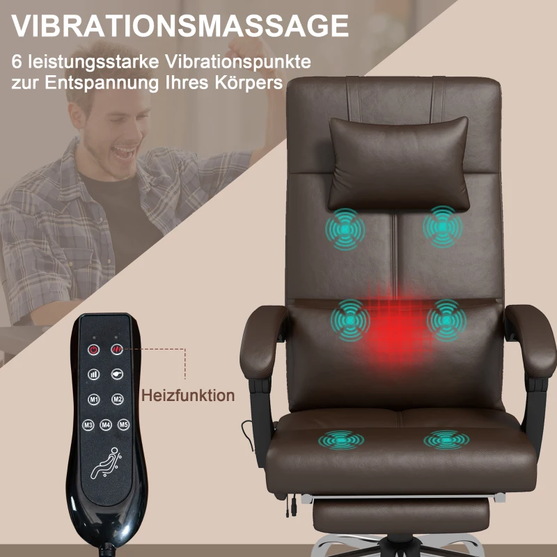 Vinsetto Ergonomische Bureaustoel met Massage en Ligfunctie, Hoofdkussen, In Hoogte Verstelbare, Bruin(m-4)