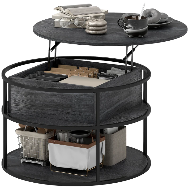 HOMCOM Lift Top Coffee Table, Round Coffee Table with Storage Shelf, Hidden Compartment and Steel Frame for Living Room, Home Office, Charcoal Grey