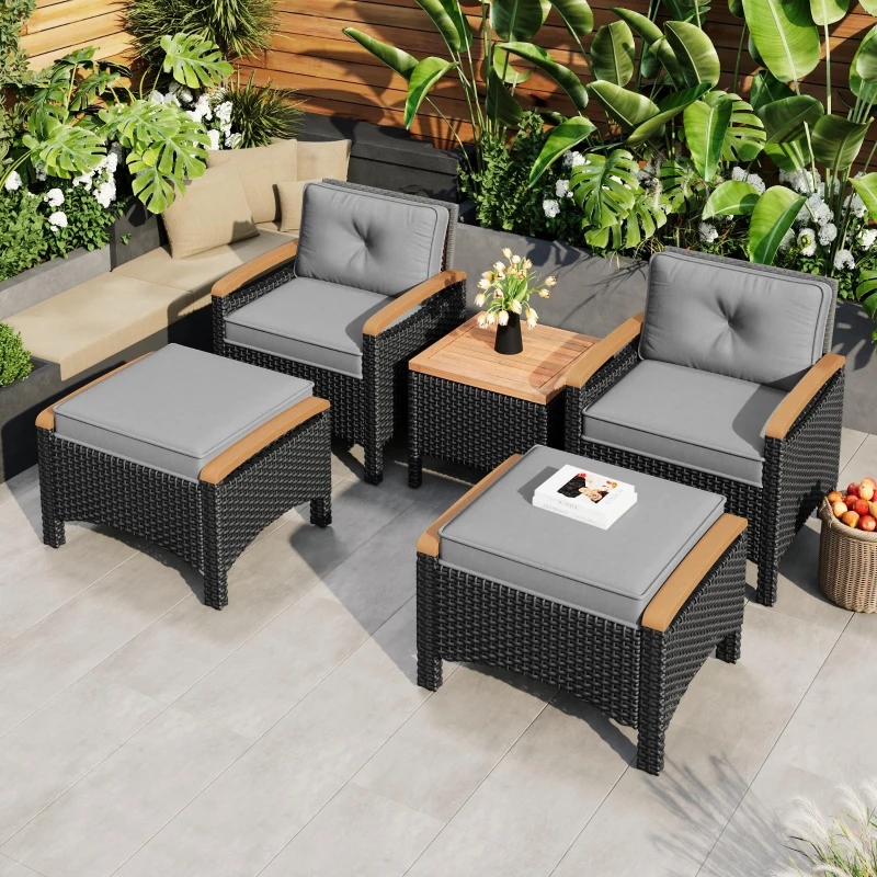 Ensemble de balcon en rotin d'extérieur 5 pièces avec 2 chaises, 2 tabourets et 1 table, Noir+Gris