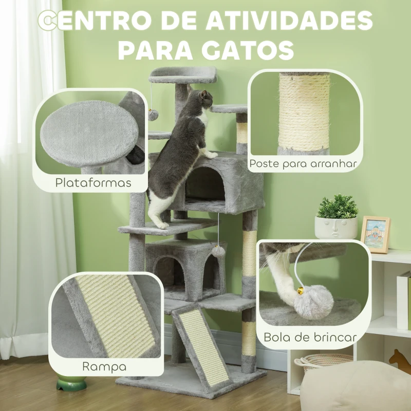PawHut Arranhador para Gatos com Postes de Sisal Plataformas Cavernas Bolas Pendentes e Redes 49x49x138 cm Cinza Claro