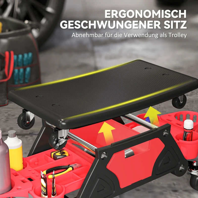 HOMCOM Werkstatthocker mit Rollen abnehmbar Sitz, Ablagefläche, 33cm hoch Rollhocker bis 135 kg belastbar Rot