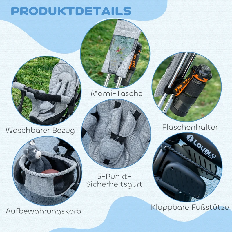 HOMCOM Kinder-Dreirad, Kinderfahrrad, Rückenkorb, Becherhalter, Sonnendach, Metall, Grau