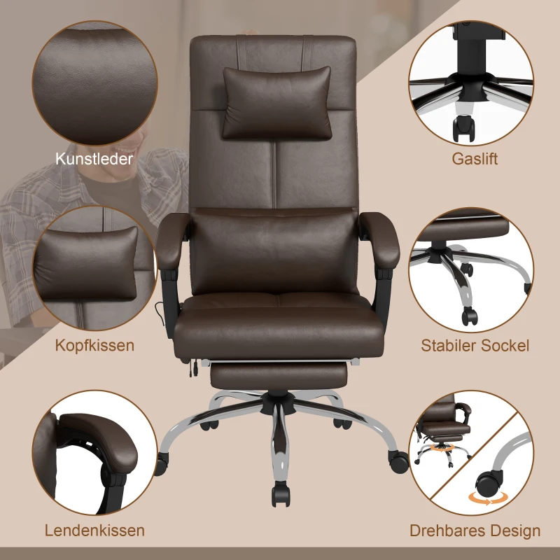 Vinsetto Ergonomische Bureaustoel met Massage en Ligfunctie, Hoofdkussen, In Hoogte Verstelbare, Bruin(m-7)