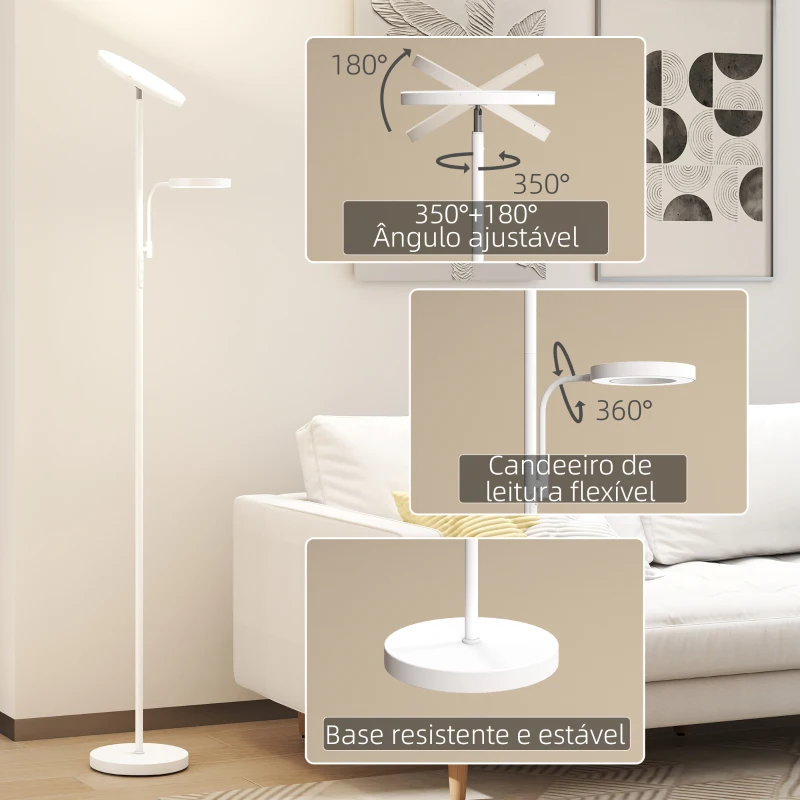 HOMCOM Candeeiro de Pé 42W Giratório com Controlo Remoto e Táctil Temperatura de Cor e Brilho Ajustáveis Ø25x175 cm Branco