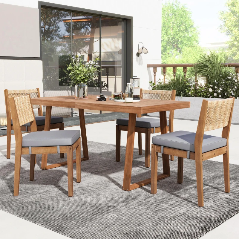 Ensemble de salle à manger 5 pièces avec table en bois, dossier en rotin, coussinets de pieds pour terrasse, jardin, Gris + Couleur naturelle