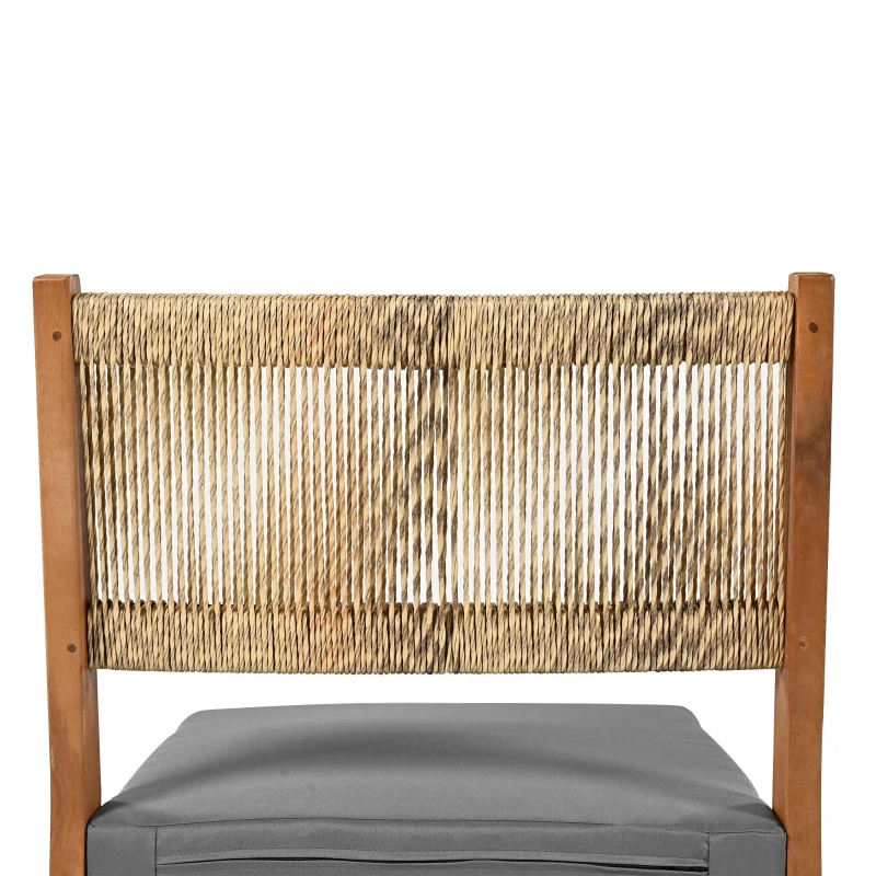 Ensemble de salle à manger 5 pièces avec table en bois, dossier en rotin, coussinets de pieds pour terrasse, jardin, Gris + Couleur naturelle