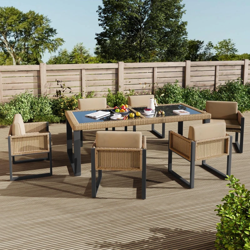 Rattan-Tisch- und Stuhlset, 1 Tisch, 6 Stühle, Tischplatte aus gehärtetem Glas, Braun+Schwarz