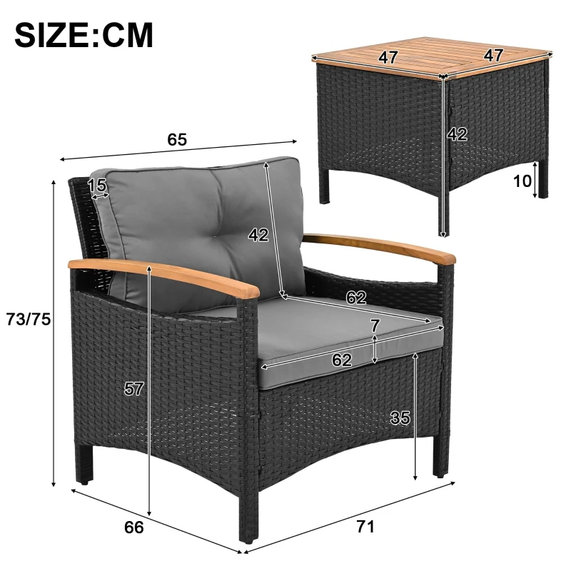 Ensemble de balcon en rotin d'extérieur 5 pièces avec 2 chaises, 2 tabourets et 1 table, Noir+Gris