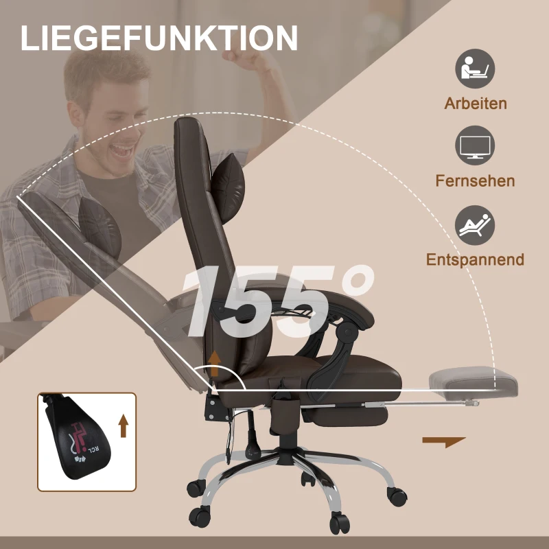 Vinsetto Ergonomische Bureaustoel met Massage en Ligfunctie, Hoofdkussen, In Hoogte Verstelbare, Bruin(m-6)